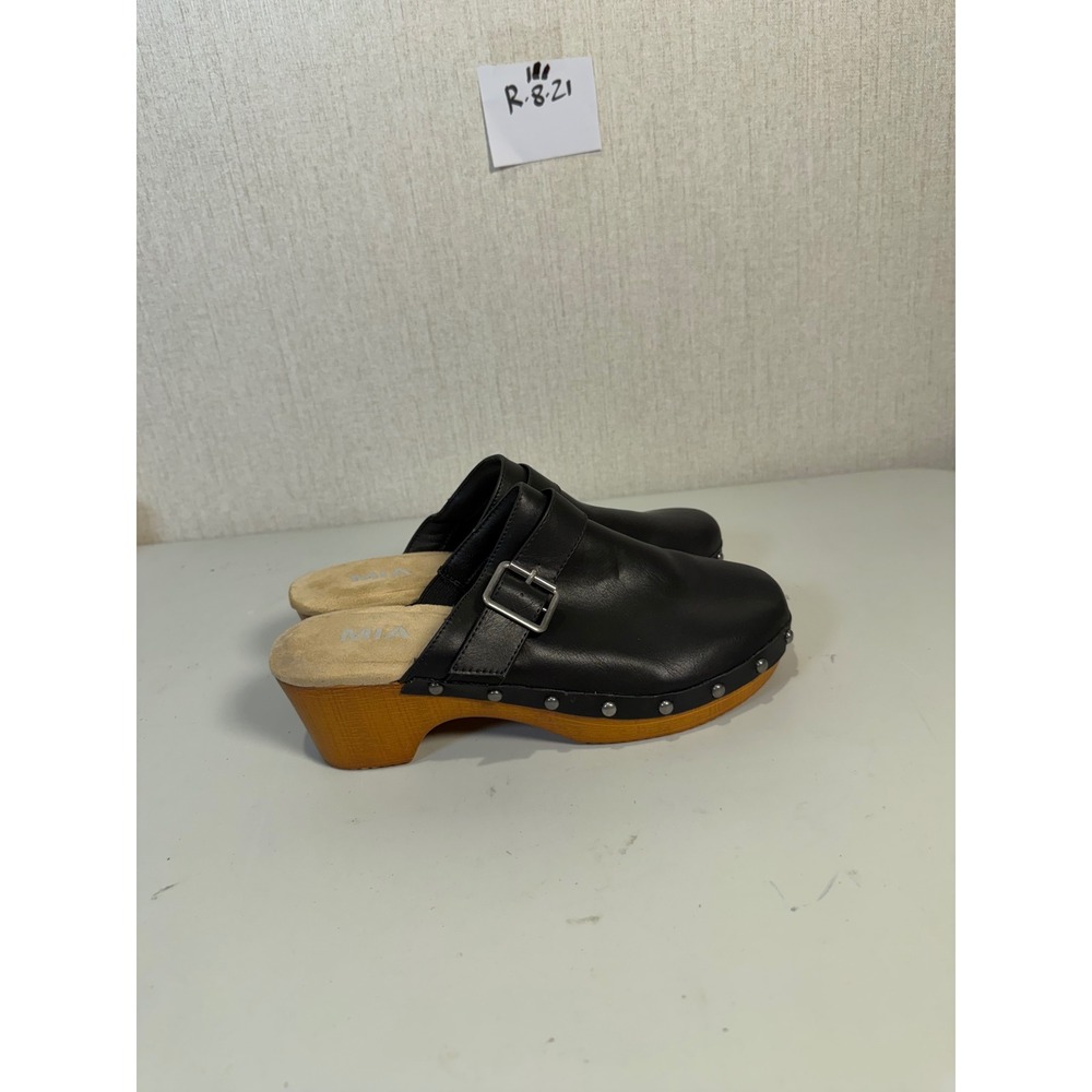 MIA Black Faux Leather Studded Buckle Wooden Platform Clogs Mules Women 8